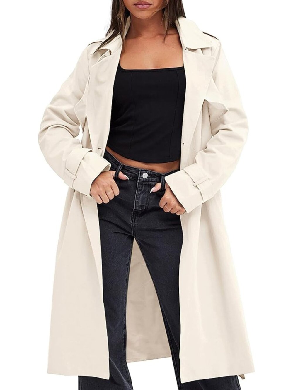 Women's Beige Notch Collar Long Sleeve Pocketed Double Breasted Trench Jackets